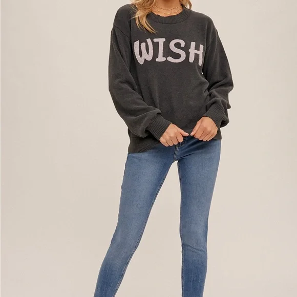 Hem & Thread Charcoal Sweater with 'WISH' Motif - Picture 2 of 3